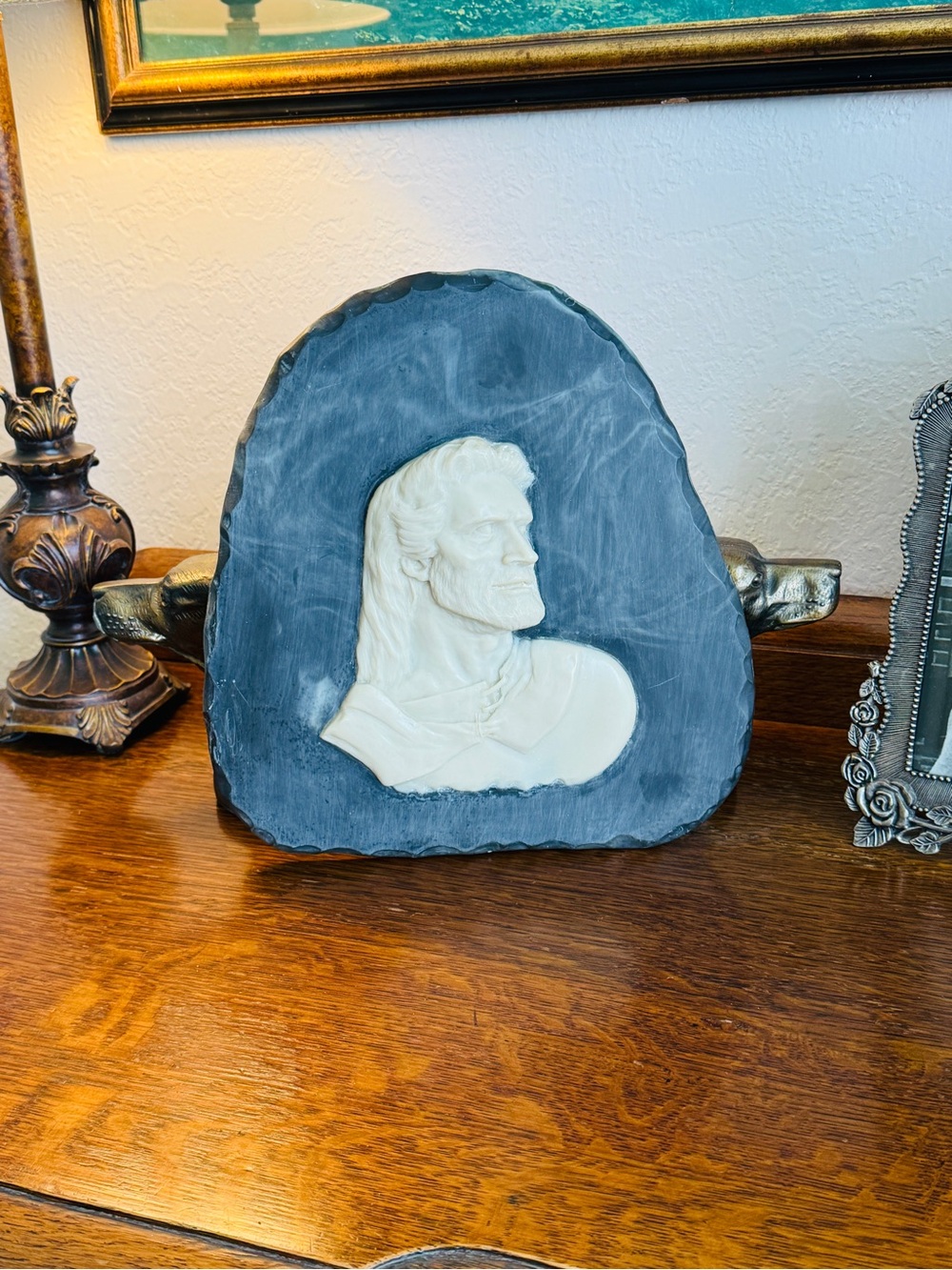 Vintage C. Ed Enterprises Incolay Stone Jesus Profile Wall Plaque Large 11" - Picture 7 of 12